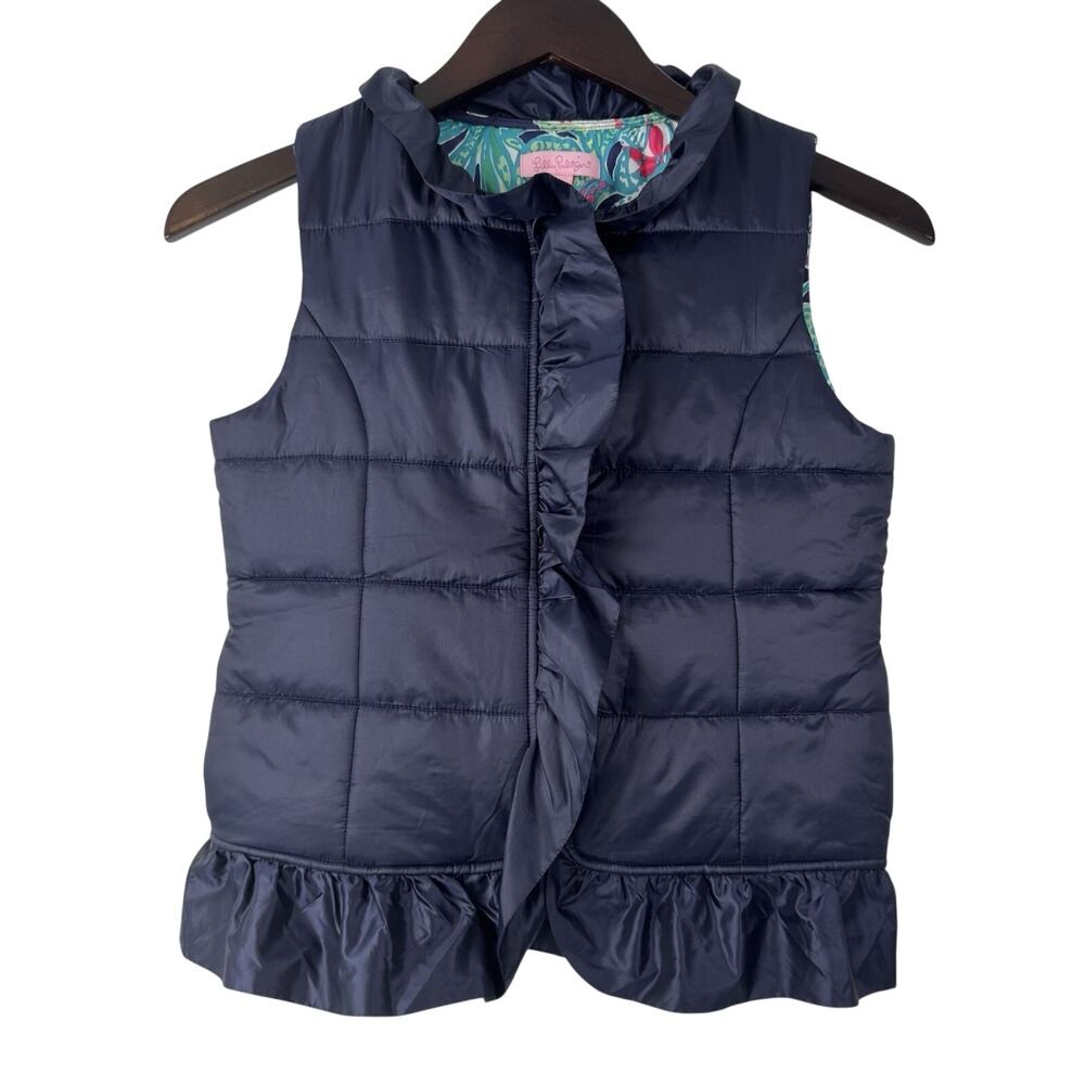 Lilly Pulitzer Cypress Ruffle Puffer Vest Girls XL 12-14 Navy Blue Zip Front